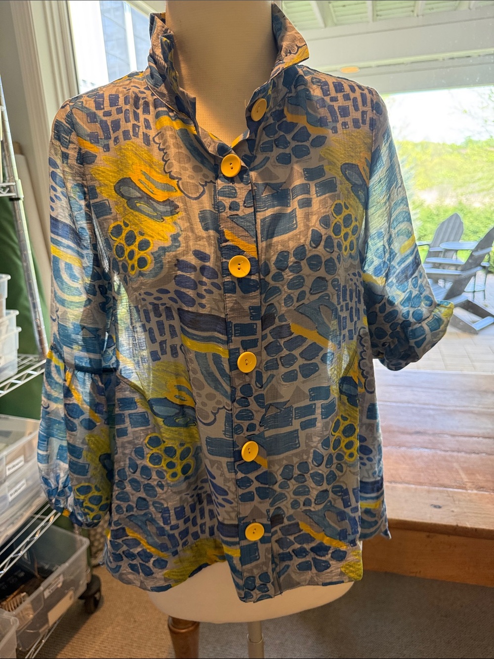 Lightweight Blue & Yellow Patterned Button-Front Blouse